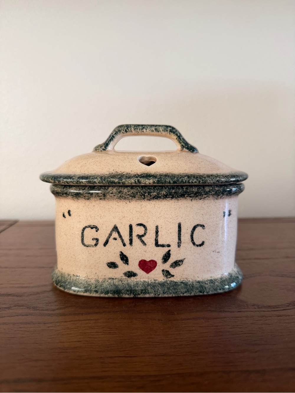 Vintage Garlic Keeper Jar with Hearts vented lid and house details